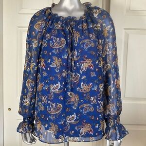 Sam Edelman Semi Sheer Blouse Ruffle Sleeves And Neck Paisley Pattern On Blue